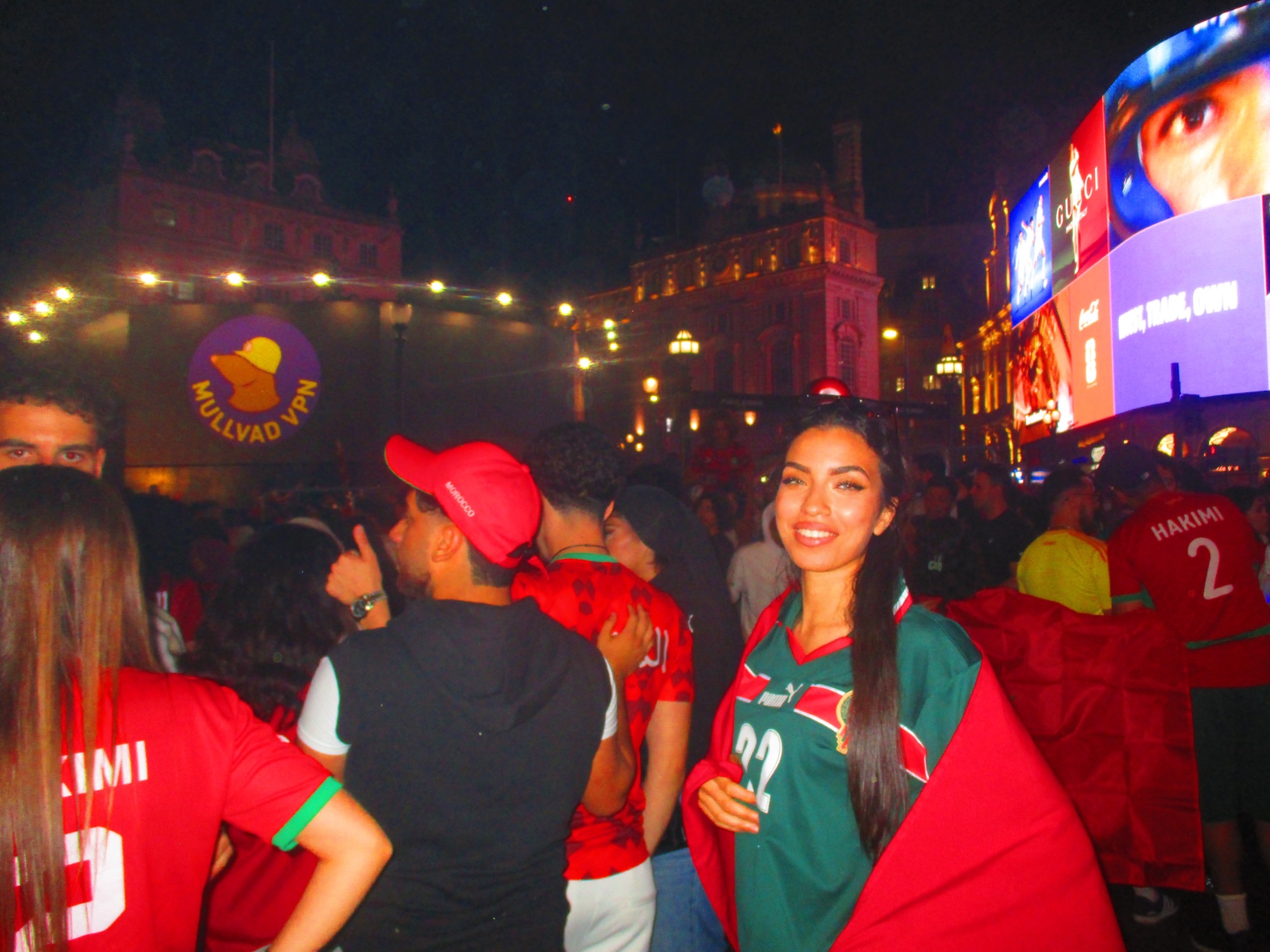 Kholoud Karboube, founder of The Moroccan Collective, celebrating Morocco's World Cup run in London